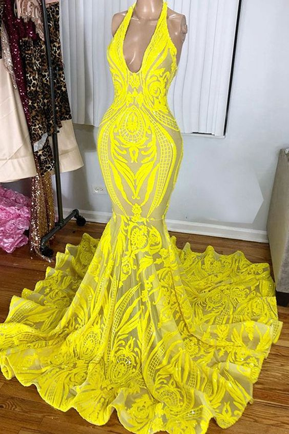 Yellow Sexy Halter V-Neck Mermaid Prom Dress SH629