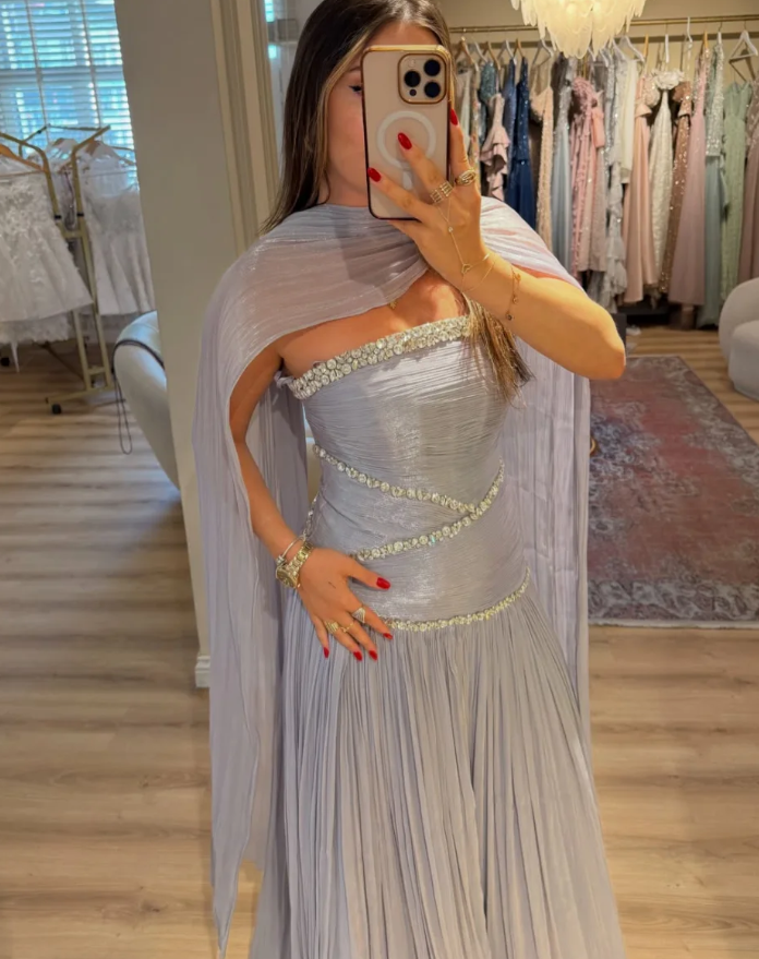 Ethereal A Line Strapless Beaded Chiffon Long Prom Dress Evening Dress SH7303