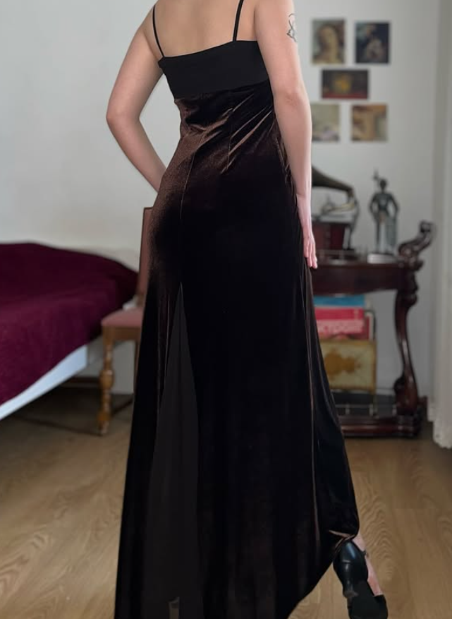 Vintage Sheath Spaghetti Strap Brown Velvet Prom Dress Evening Dress SH6075