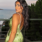 Sexy A Line V Neck Beaded Green Satin Open Back Long Party Dress Evening Dress SH2830