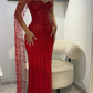 Sexy Red Sheath Strapless Beaded Tulle Prom Dress SH4567