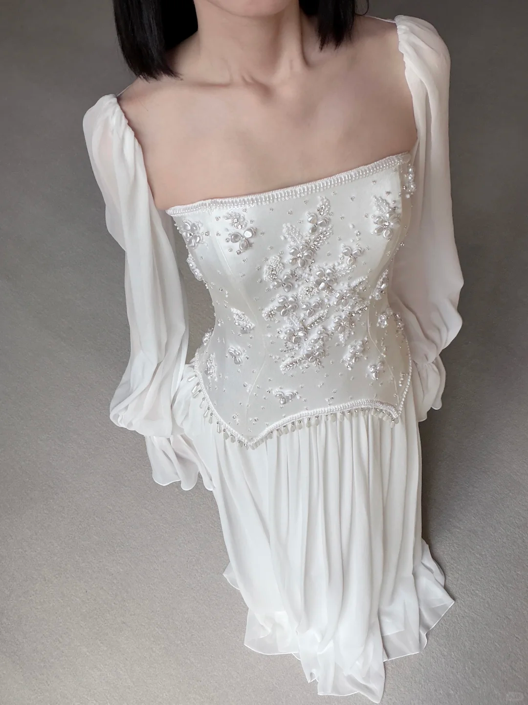 2026 New A Line Long Sleeve Beaded Chiffon Satin Long Wedding Dress SH7710