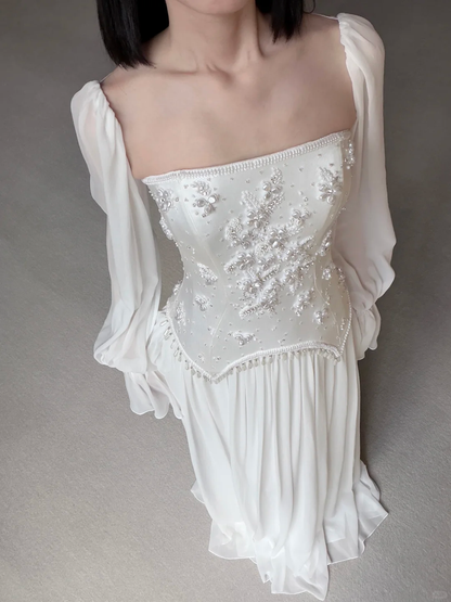 2026 New A Line Long Sleeve Beaded Chiffon Satin Long Wedding Dress SH7710