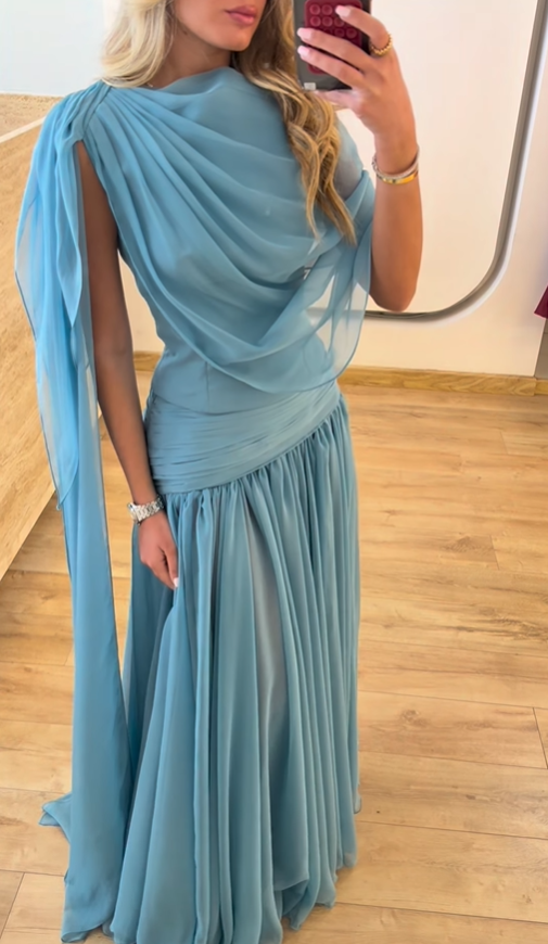 Lake Blue A Line Flowy Chiffon Long Prom Dress Party Evening Dress SH5705