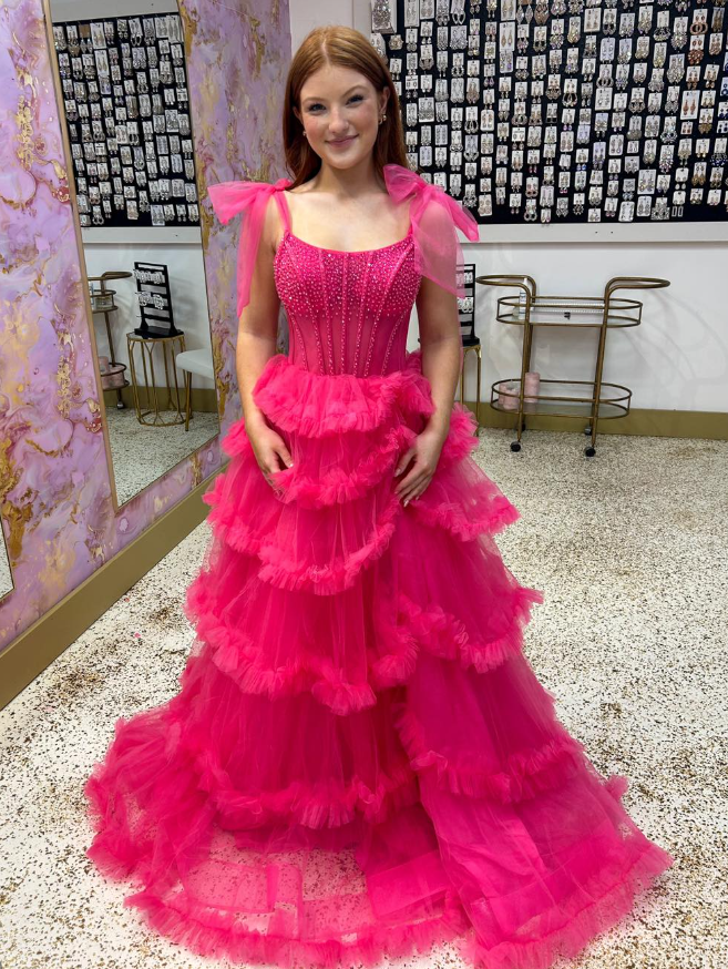Cute Hot Pink A Line Spaghetti Strap Beaded Layered Tulle Long Prom Dress Evening Dress SH6808