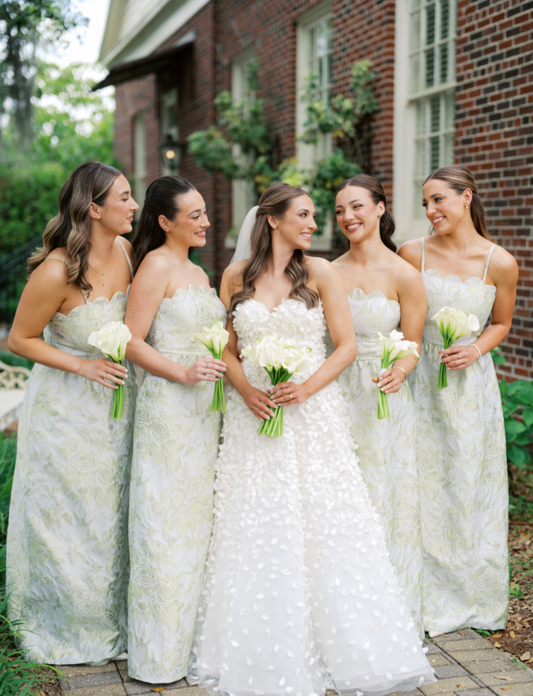 Light Green Print Floral Sheath Strapless Satin Long Bridesmaid Dress SH6309