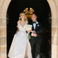 Elegant A Line V Neck Appliques White Satin Long Sweep Wedding Dress SH2192