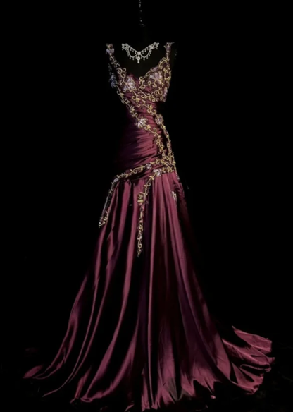 Chic Burgundy A Line Exquisite Embroidery Beaded Satin Prom Dress Evening Gown SH5423