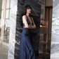 Navy Blue A Line Halter Bow Satin Open Back Prom Dress Evening Dress SH4397