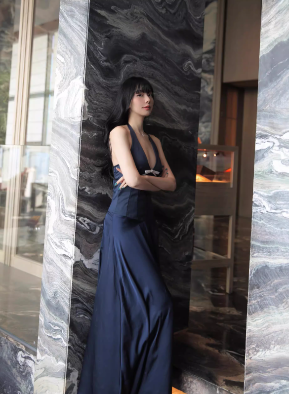Navy Blue A Line Halter Bow Satin Open Back Prom Dress Evening Dress SH4397