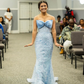Blue Mermaid Strapless Lace Tulle Date Dress Prom Dress with Bow SH3884