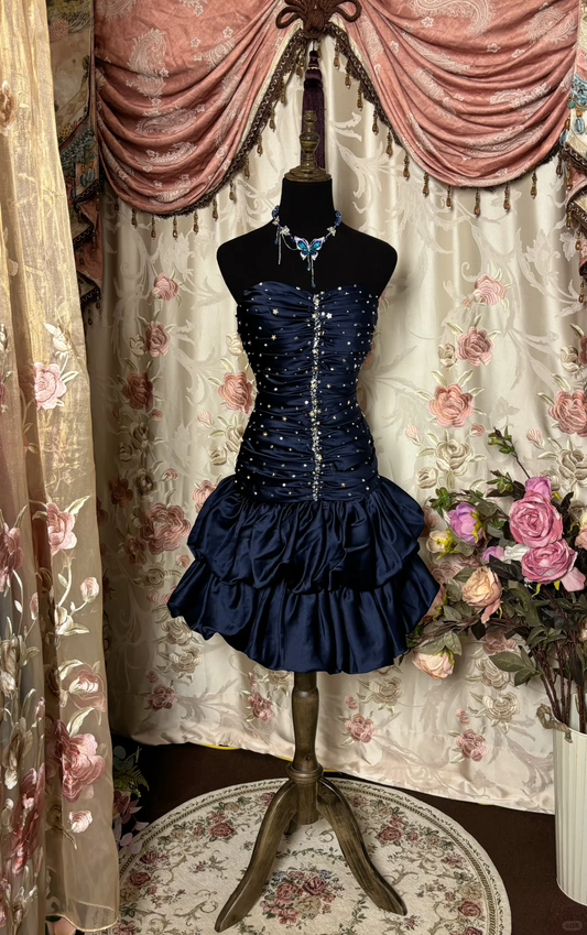 Navy Blue A Line Sweetheart Neck Pleated Beaded Satin Homecoming Dress Cocktail Dress SH3707