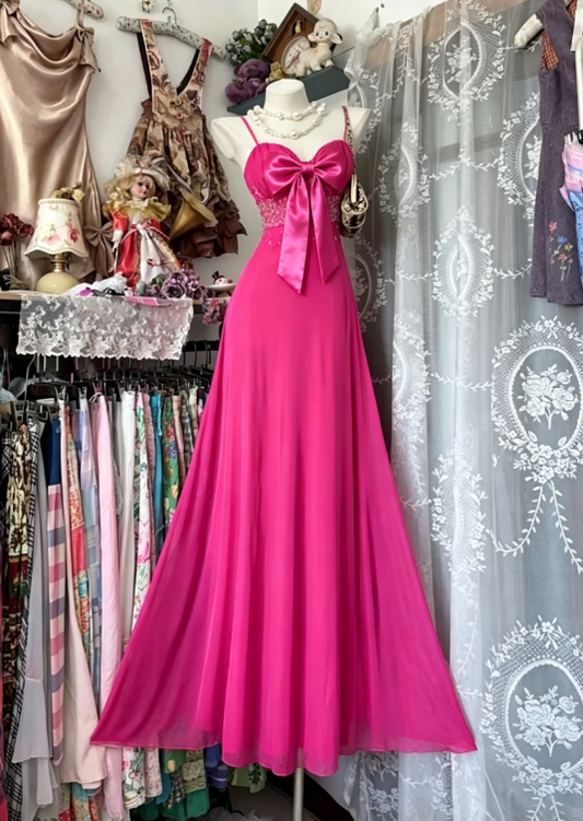 Vintage Hot Pink Bow A Line Spaghetti Straps Chiffon Prom Dress Evening Dress SH5856