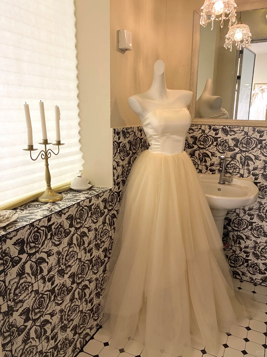 Simple Light Champagne A Line Strapless Satin Tulle Party Dress Prom Dress SH3849