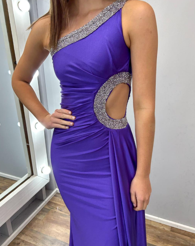 Sexy Purple Mermaid One Shoulder Beaded Satin Slit Long Prom Dress Evening Dress SH6779
