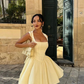 Cute Yellow A Line Straps Satin Open Back Short Homecoming Dress Outfits SH5544