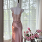 Pink Mermaid Spaghetti Strap Simple Satin Tulle Date Dress Evening Dress Wedding Guest Dress SH3435