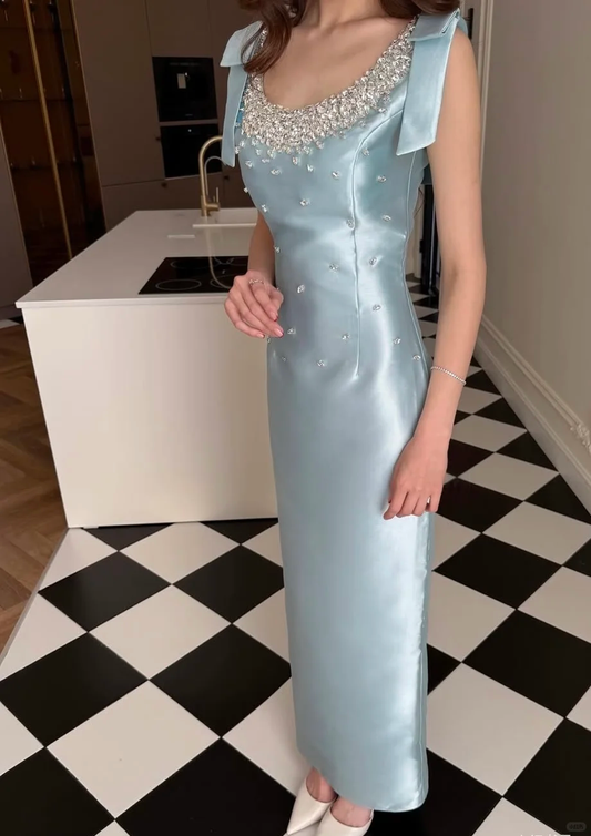 Blue Sheath Bow Straps Rhinestone Satin Long Prom Dress Wedding Guest Dress SH4274