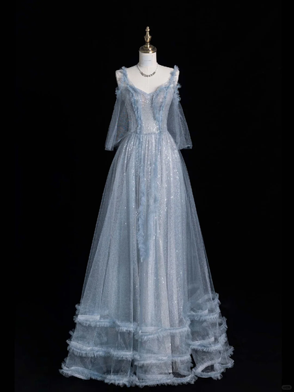 Shiny A Line Spaghetti Strap Blue Tulle Silver Sequin Long Evening Dresses Party Dresses SH2675