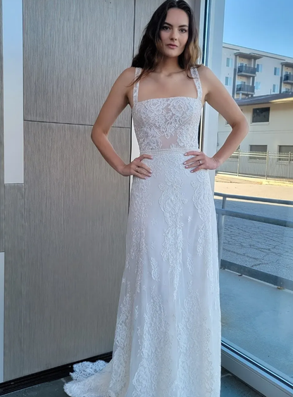 Simple A Line Spaghetti Strap White Lace Long Wedding Dress SH7107