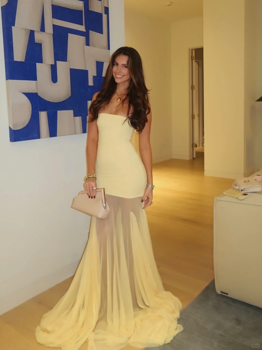 Simple Yellow Mermaid Strapless Satin Chiffon Prom Dress Evening Dress SH4232