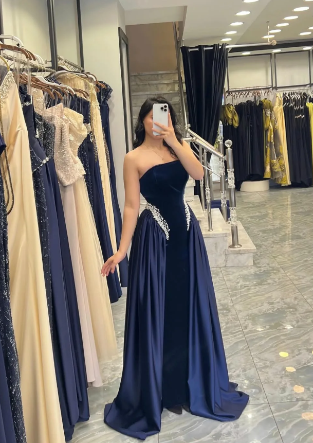 Pretty Navy Blue A Line Strapless Beaded Velvet Satin Long Prom Dress Wedding Guest Dress SH5406