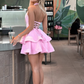 Pink A Line Halter Layered Pink Satin Open Back Short Homecoming Dress Cocktail Dress SH3173