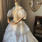 Dazzling Retro Ball Gown Puff Sleeve Lace Beaded Satin Wedding Dress Prom Dress SH5888