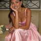 Pink A Line Spaghetti Straps Appliques Satin Long Prom Dress Evening Dress SH1787