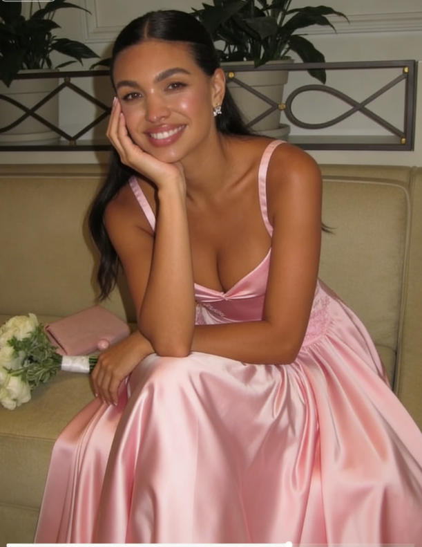 Pink A Line Spaghetti Straps Appliques Satin Long Prom Dress Evening Dress SH1787