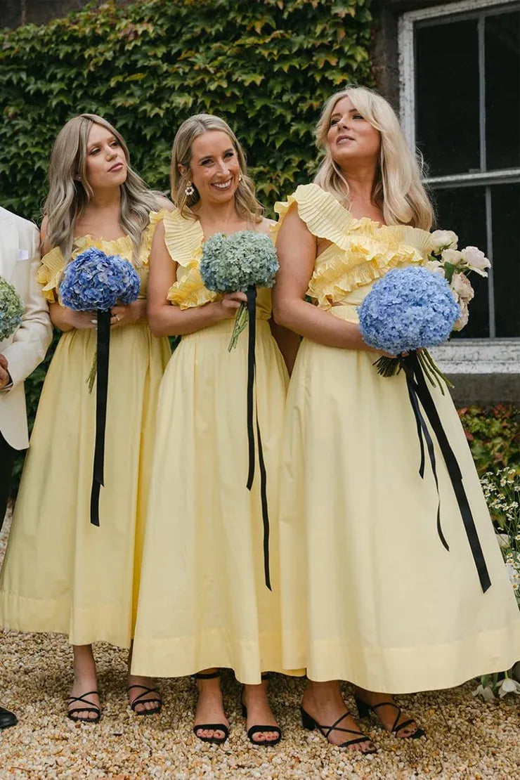 Yellow Off the Shoulder Ruffle Cotton Ankle Length Bridesmaid Dresses SH6294