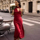 Elegant Mermaid Halter Pearl Burgundy Satin Long Evening Dress Party Dress SH3030
