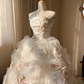 Stunning Retro Ball Gown Strapless Light Pink Rose Layered Organza Wedding Dress Prom Dress SH5890