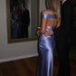 Simple Sheath Off the Shoulder Blue Satin Open Back Prom Dress Evening Dress SH2532