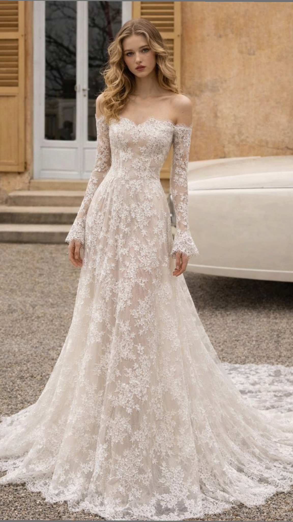Princess A Line Long Sleeve Ivory Lace Long Wedding Dress SH7328