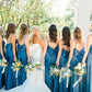 Simple Mermaid Spaghetti Straps Blue Long Bridesmaid Dresses with Bow Back SH6286