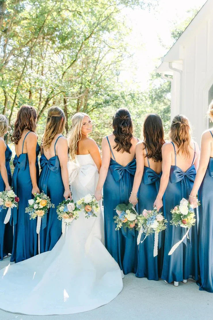 Simple Mermaid Spaghetti Straps Blue Long Bridesmaid Dresses with Bow Back SH6286