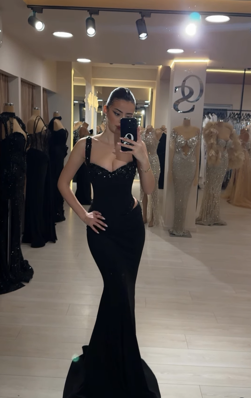 Sexy Mermaid Spaghetti Straps Beaded Satin Long Prom Dress Evening Dress SH4796