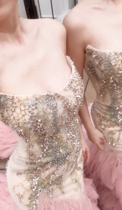 Pink Mermaid Strapless Beaded Tulle Long Sweep Prom Dress 16th Birthday Dress SH4648