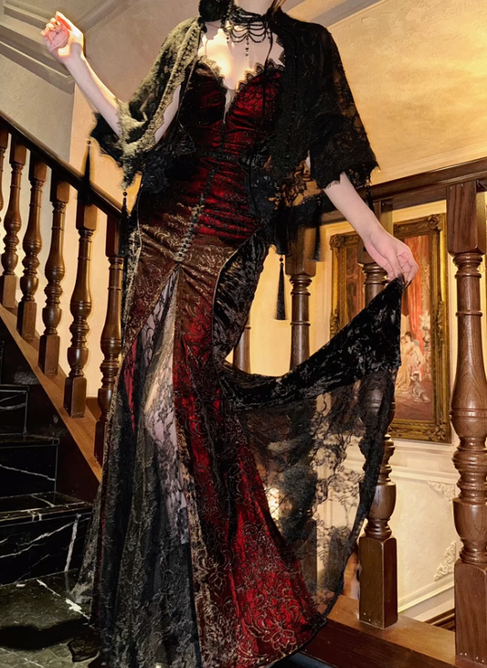 Sexy Mermaid Straps Black Lace Burgundy Satin Long Prom Dress Party Dress SH5018