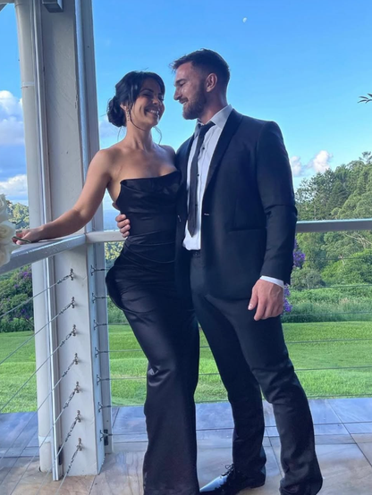 Charming Sheath Strapless Black Satin Long Prom Dress Evening Dress SH2049