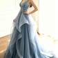 Elegant A Line Straps Blue Lace Layered Tulle Prom Dress Graduation Prom Dress P01330