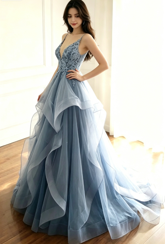 Elegant A Line Straps Blue Lace Layered Tulle Prom Dress Graduation Prom Dress P01330
