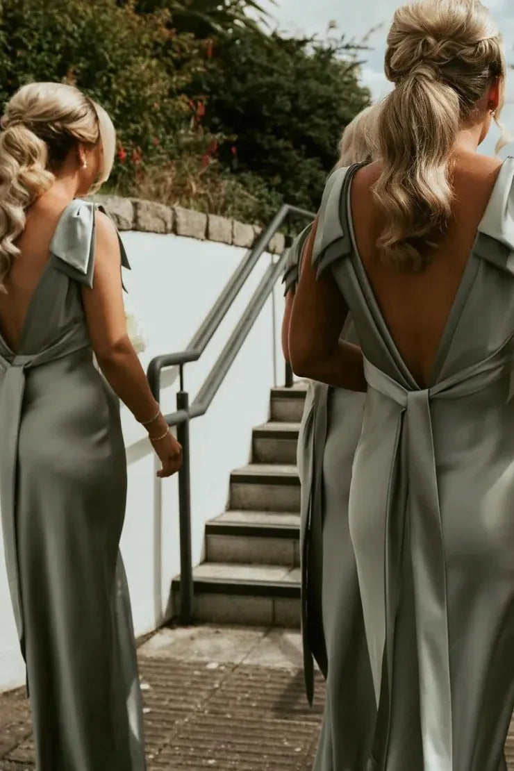 Sheath V Neck Sage Green Silk Satin Bridesmaid Dress with Bow SH6293