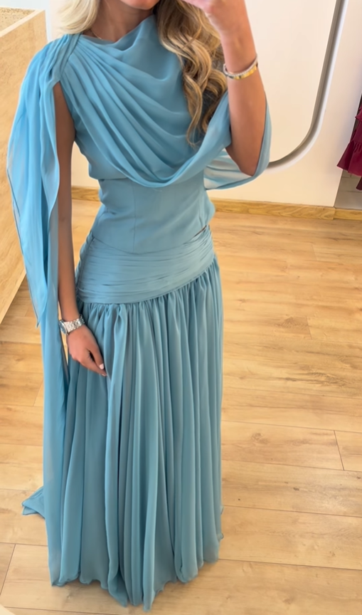 Lake Blue A Line Flowy Chiffon Long Prom Dress Party Evening Dress SH5705