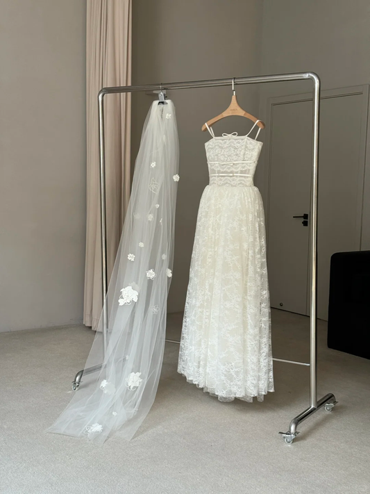 Cute Ball Gown Spaghetti Straps White Bow Lace Wedding Dress SH5077 (without Veil)