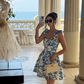 Blue Print Flower A Line Straps Satin Cocktail Dress Homecoming Dress SH6153