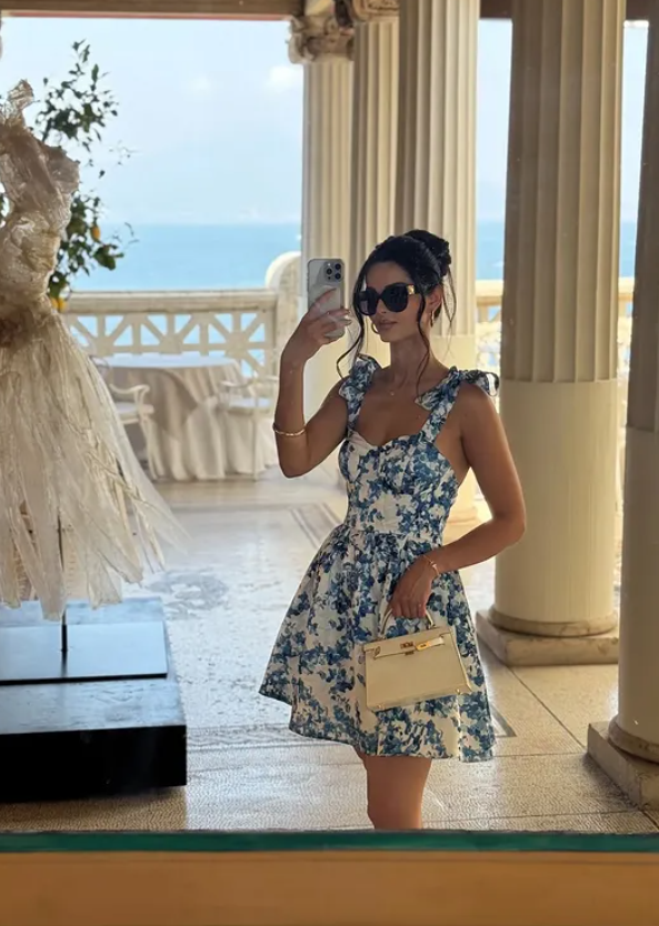 Blue Print Flower A Line Straps Satin Cocktail Dress Homecoming Dress SH6153