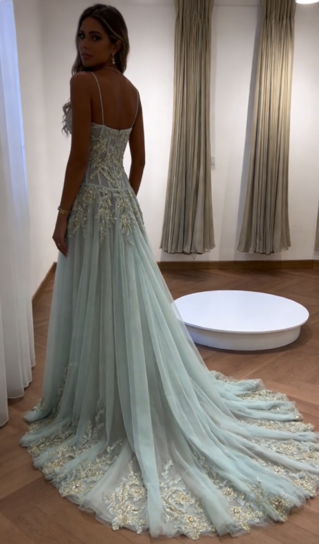 Baby Blue A Line Straps Exquisite Beaded Tulle Prom Dress Wedding Guest Dress SH5351