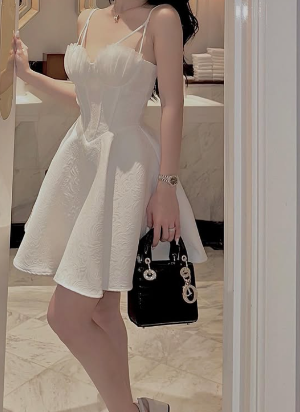 White A Line Spaghetti Straps Print Satin Short Homecoming Dress Outfits SH6226